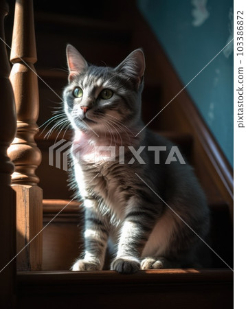 A cute grey maine coon cat is resting. Generative AI. A cute grey maine coon cat is resting. Generative AI. 103386872
