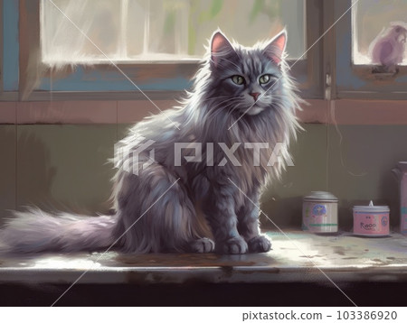A cute grey maine coon cat is resting. Generative AI. 103386920