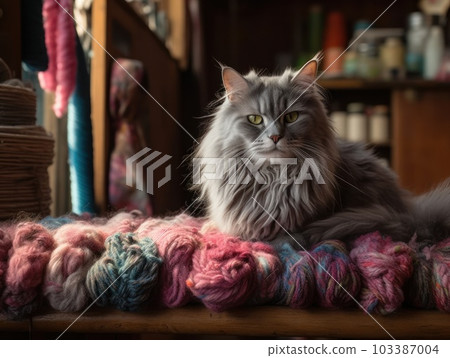 A cute grey maine coon cat is resting. Generative AI. 103387004