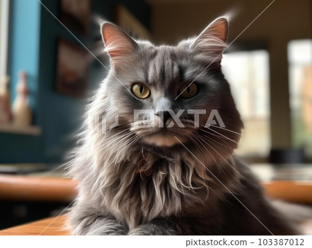 A cute grey maine coon cat is resting. Generative AI. A cute grey maine coon cat is resting. Generative AI. 103387012