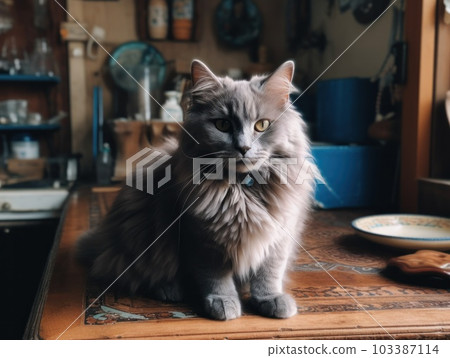 A cute grey maine coon cat is resting. Generative AI. A cute grey maine coon cat is resting. Generative AI. 103387114