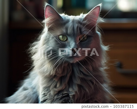 A cute grey maine coon cat is resting. Generative AI. 103387115