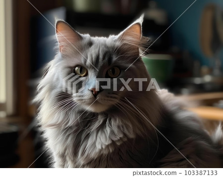 A cute grey maine coon cat is resting. Generative AI. 103387133