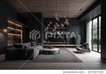 Modern interior design for home, office, interior details, upholstered furniture against the background of a dark classic wall Modern interior design for home, office, interior details, upholstered furniture against the background of a dark classic wall 103387183