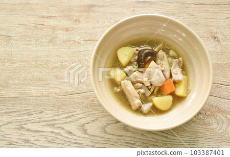 boiled chicken with potato and carrot in sweet red gravy sauce stew on bowl boiled chicken with potato and carrot in sweet red gravy sauce stew on bowl 103387401