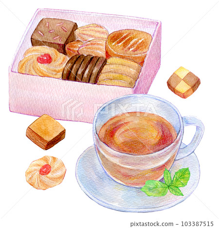 Cookie can and tea watercolor illustration hand-drawn illustration 103387515