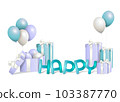 gift boxes with balloons and happy word 103387770