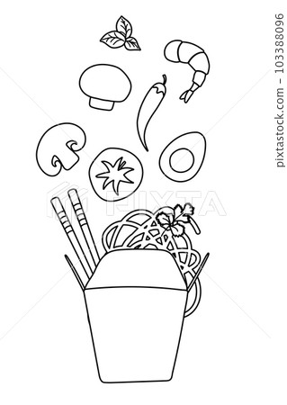 Noodles with traditional Ingredients in a wok box. Vector Illustration in doodle flat style. Noodles with traditional Ingredients in a wok box. Vector Illustration in doodle flat style. 103388096