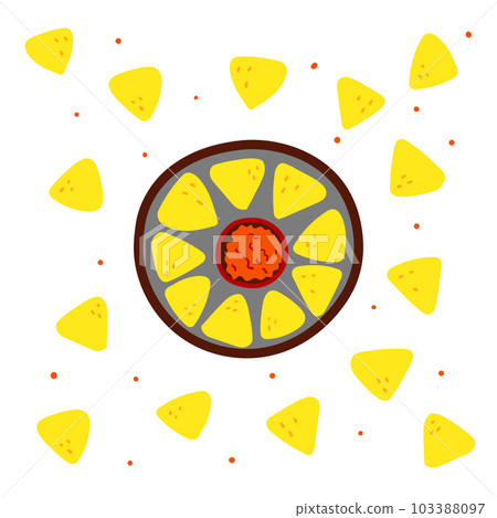 Corn chips Nachos with chili tomato sauce. National cuisine of Mexico. Vector flat food illustration Corn chips Nachos with chili tomato sauce. National cuisine of Mexico. Vector flat food illustration 103388097