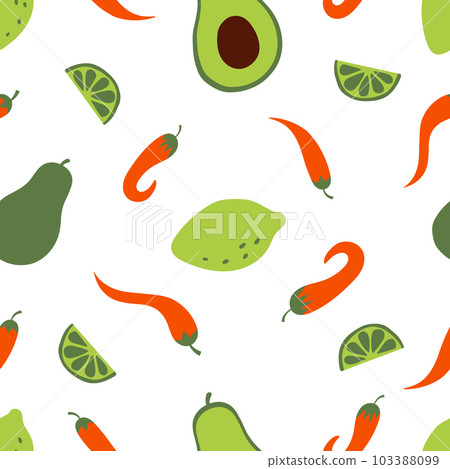Mexican food seamless pattern of ingredients for guacamole background. Hot chili pepper, avocado and lime background. 103388099