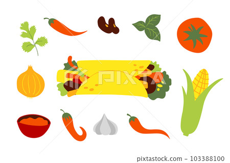 Mexican fast food burrito recipe ingredients. Isolated vector flat illustration for decor and design. 103388100