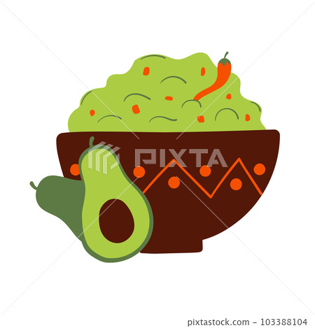 Green Sauce guacamolein bowl with chili and avocado. Traditional Mexican Cuisine Food. Flat Vector Illustration Green Sauce guacamolein bowl with chili and avocado. Traditional Mexican Cuisine Food. Flat Vector Illustration 103388104