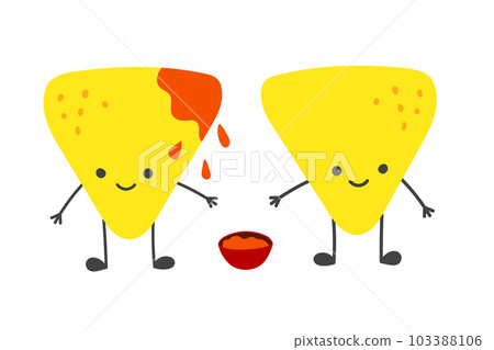 Two Chips Nachos characters with a cup of tomato salsa. Mexican flat vector illustration Two Chips Nachos characters with a cup of tomato salsa. Mexican flat vector illustration 103388106