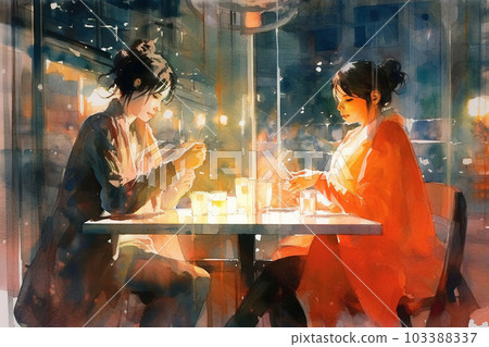 Watercolor modern painting: People, two young women, sitting at cafe tables. Lighting with electric light. AI 103388337