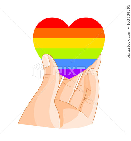 Hand holding a heart in gay flag colors. Hand holding a heart in gay flag colors. 103388595