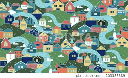 Seamless childish landscape pattern with houses, rivers and hills in different colors. 103388889