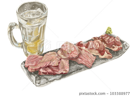 烤肉壽司和酒精飲料的手繪插圖 103388977