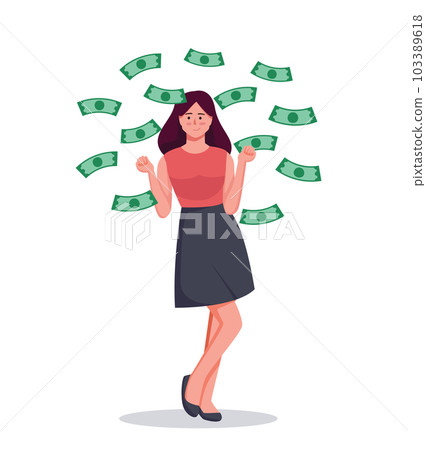 woman standing under money rain banknotes falling vector illustration 103389618