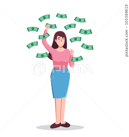 woman standing under money rain banknotes falling vector illustration 103389619