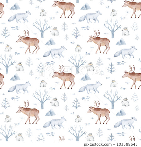 Seamless pattern with northern animals. Childish illustration of cute north pole animals. Watercolor illustration. For the design of holiday cards, fabric, print, poster, paper. 103389643