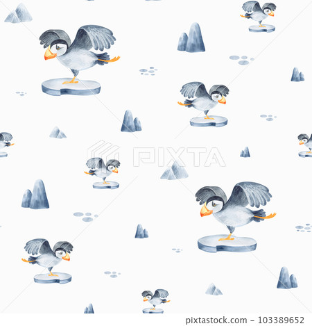 Seamless pattern with northern animals. Childish illustration of cute north pole animals. Watercolor illustration. For the design of holiday cards, fabric, print, poster, paper. Seamless pattern with northern animals. Childish illustration of cute north pole animals. Watercolor illustration. For the design of holiday cards, fabric, print, poster, paper. 103389652