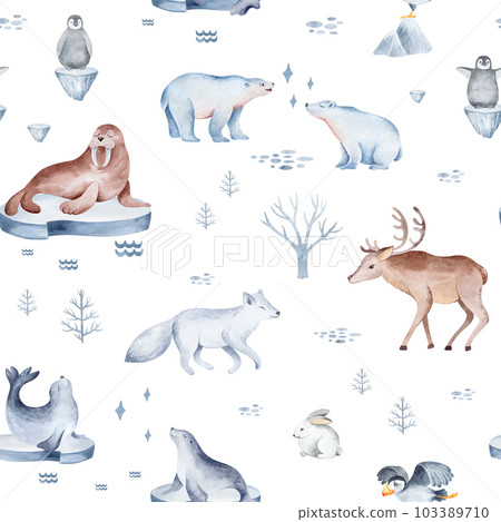 Seamless pattern with northern animals. Childish illustration of cute north pole animals. Watercolor illustration. For the design of holiday cards, fabric, print, poster, paper. Seamless pattern with northern animals. Childish illustration of cute north pole animals. Watercolor illustration. For the design of holiday cards, fabric, print, poster, paper. 103389710