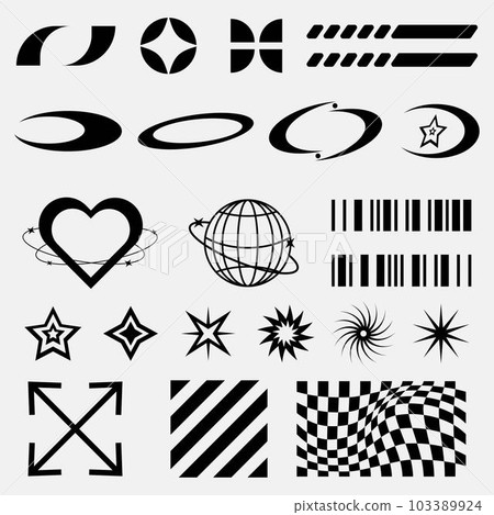 Retro futuristic elements for design , Y2K and street wear graphic elements for posters and streetwear fashion design vector set 103389924