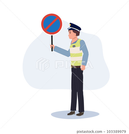 A traffic police holding NO PARKING sign. Flat vector cartoon illustration 103389979