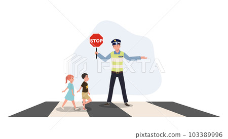 A traffic police is holding stop sign to giving way let young children walk on crosswalk. Flat vector cartoon illustration 103389996