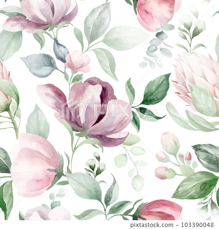 seamless floral watercolor pattern with garden pink flowers, leaves, branches. Botanical tiles, background. eucalyptus, peony, rose. seamless floral watercolor pattern with garden pink flowers, leaves, branches. Botanical tiles, background. eucalyptus, peony, rose. 103390048