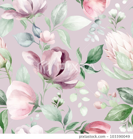 seamless floral watercolor pattern with garden pink flowers, leaves, branches. Botanical tiles, background. eucalyptus, peony, rose. seamless floral watercolor pattern with garden pink flowers, leaves, branches. Botanical tiles, background. eucalyptus, peony, rose. 103390049