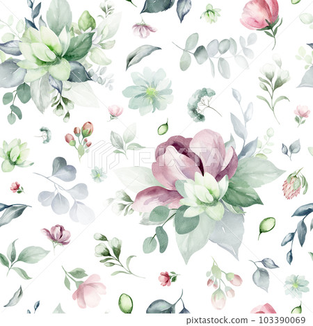 seamless floral watercolor pattern with garden pink flowers, leaves, branches. Botanical tiles, background. eucalyptus, peony, rose. seamless floral watercolor pattern with garden pink flowers, leaves, branches. Botanical tiles, background. eucalyptus, peony, rose. 103390069