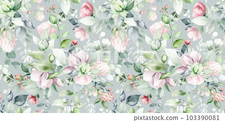 seamless floral watercolor pattern with garden pink flowers, leaves, branches. Botanical tiles, background. eucalyptus, peony, rose. 103390081