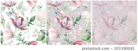 seamless floral watercolor pattern with garden pink flowers, leaves, branches. Botanical tiles, background. eucalyptus, peony, rose. seamless floral watercolor pattern with garden pink flowers, leaves, branches. Botanical tiles, background. eucalyptus, peony, rose. 103390091