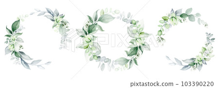 Luxury botanical wedding frame elements on white background. Set of circle shapes, wreaths of eucalyptus leaves, leaf branches. Elegant foliage design for wedding, cards, invitations, greetings. 103390220