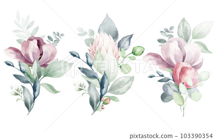 A set of illustrations of watercolor floral bouquet - gently pink, green, rose flower green leaf leaves branches of bouquets collection. Wedding stationery, congratulations, wallpaper, fashion A set of illustrations of watercolor floral bouquet - gently pink, green, rose flower green leaf leaves branches of bouquets collection. Wedding stationery, congratulations, wallpaper, fashion 103390354