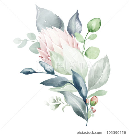 A set of illustrations of watercolor floral bouquet - gently pink, green, rose flower green leaf leaves branches of bouquets collection. Wedding stationery, congratulations, wallpaper, fashion A set of illustrations of watercolor floral bouquet - gently pink, green, rose flower green leaf leaves branches of bouquets collection. Wedding stationery, congratulations, wallpaper, fashion 103390356