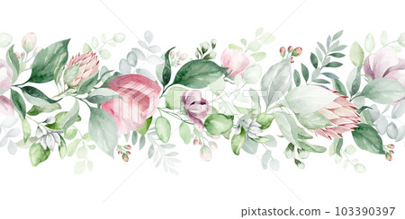 Watercolor seamless border - illustration with vibrant pink vibrant flowers, green leaves, for wedding stationery, congratulations, wallpapers, trendy, backgrounds, textures, DIY, wrappers, postcards. 103390397