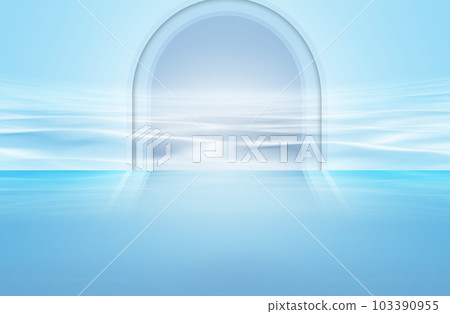 藍色産品場景展台與玻璃拱形窗口水背景 藍色産品場景展台與玻璃拱形窗口水背景 103390955