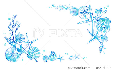 Cool seashell watercolor illustration. Summer frame decoration with the image of the sea. 103391028