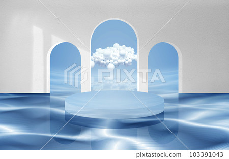 空的圓形産品場景展台與拱形門牆浮在水面上，3D渲染。 103391043