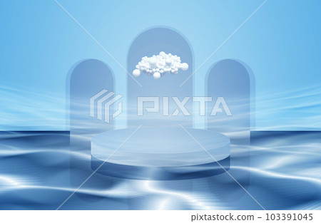 空的圓形産品場景展台與拱形門牆浮在水面上，3D渲染。 103391045