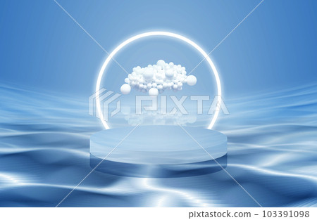 空的圓形産品場景展台浮在水面上。産品場景，水，3D渲染。 103391098