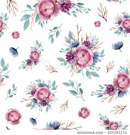 Seamless watercolor floral pattern, perfect for wrappers, wallpapers, postcards, greeting cards, wedding invitations, romantic events. 103391231