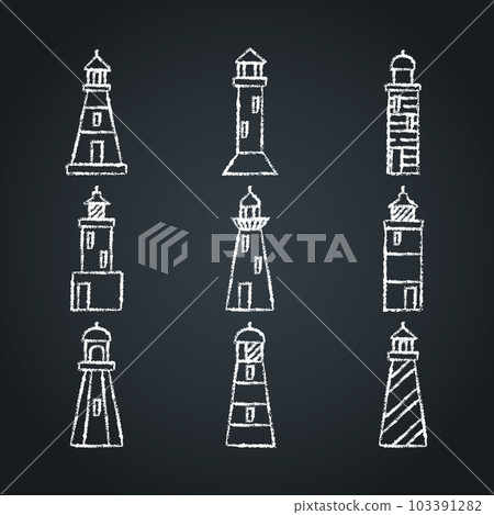 Lighthouse icon sketches set on chalkboard in line style 103391282