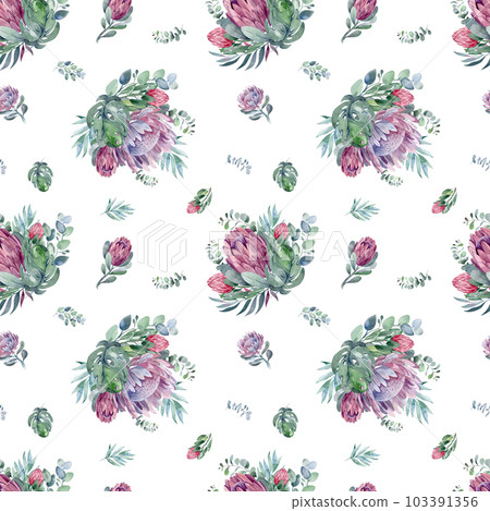 watercolor seamless pattern. floral background blooming flowers and protea leaves. Plants and flowers of Australia. for fabric, textile, roll wallpaper, design, backgrounds, textures, digital paper, watercolor seamless pattern. floral background blooming flowers and protea leaves. Plants and flowers of Australia. for fabric, textile, roll wallpaper, design, backgrounds, textures, digital paper, 103391356