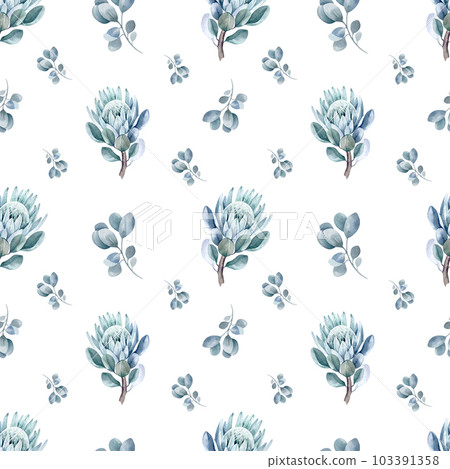 watercolor seamless pattern. floral background blooming flowers and protea leaves. Plants and flowers of Australia. for fabric, textile, roll wallpaper, design, backgrounds, textures, digital paper, 103391358