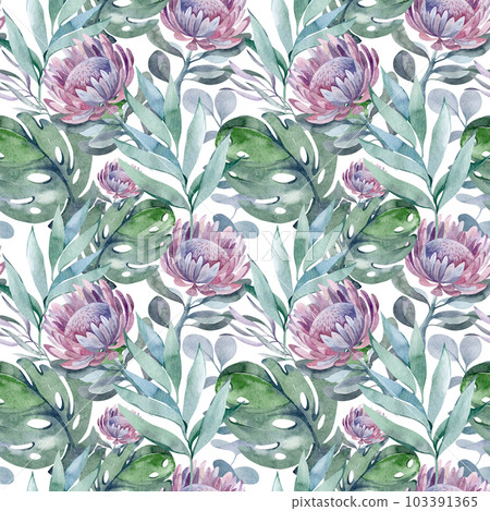 watercolor seamless pattern. floral background blooming flowers and protea leaves. Plants and flowers of Australia. for fabric, textile, roll wallpaper, design, backgrounds, textures, digital paper, watercolor seamless pattern. floral background blooming flowers and protea leaves. Plants and flowers of Australia. for fabric, textile, roll wallpaper, design, backgrounds, textures, digital paper, 103391365