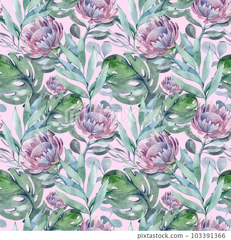 watercolor seamless pattern. floral background blooming flowers and protea leaves. Plants and flowers of Australia. for fabric, textile, roll wallpaper, design, backgrounds, textures, digital paper, watercolor seamless pattern. floral background blooming flowers and protea leaves. Plants and flowers of Australia. for fabric, textile, roll wallpaper, design, backgrounds, textures, digital paper, 103391366