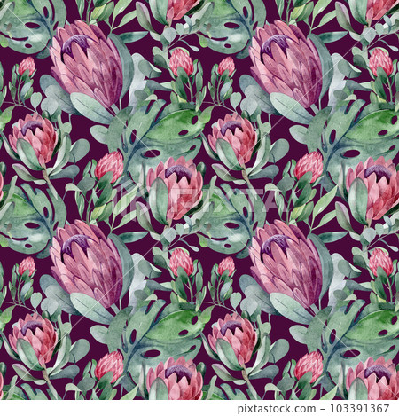 watercolor seamless pattern. floral background blooming flowers and protea leaves. Plants and flowers of Australia. for fabric, textile, roll wallpaper, design, backgrounds, textures, digital paper, watercolor seamless pattern. floral background blooming flowers and protea leaves. Plants and flowers of Australia. for fabric, textile, roll wallpaper, design, backgrounds, textures, digital paper, 103391367